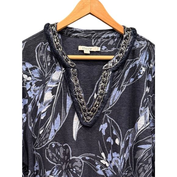 Chico's Linen Floral Embellished Tunic Blue Plus Sz. XL / 16 Chicos Lightweight - Picture 5 of 9